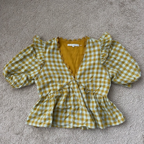 English Factory Mustard Checkered Ruffle Blouse - Picture 2 of 6